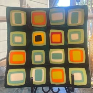 Retro MCM Green Geometric  fused glass Art Plate